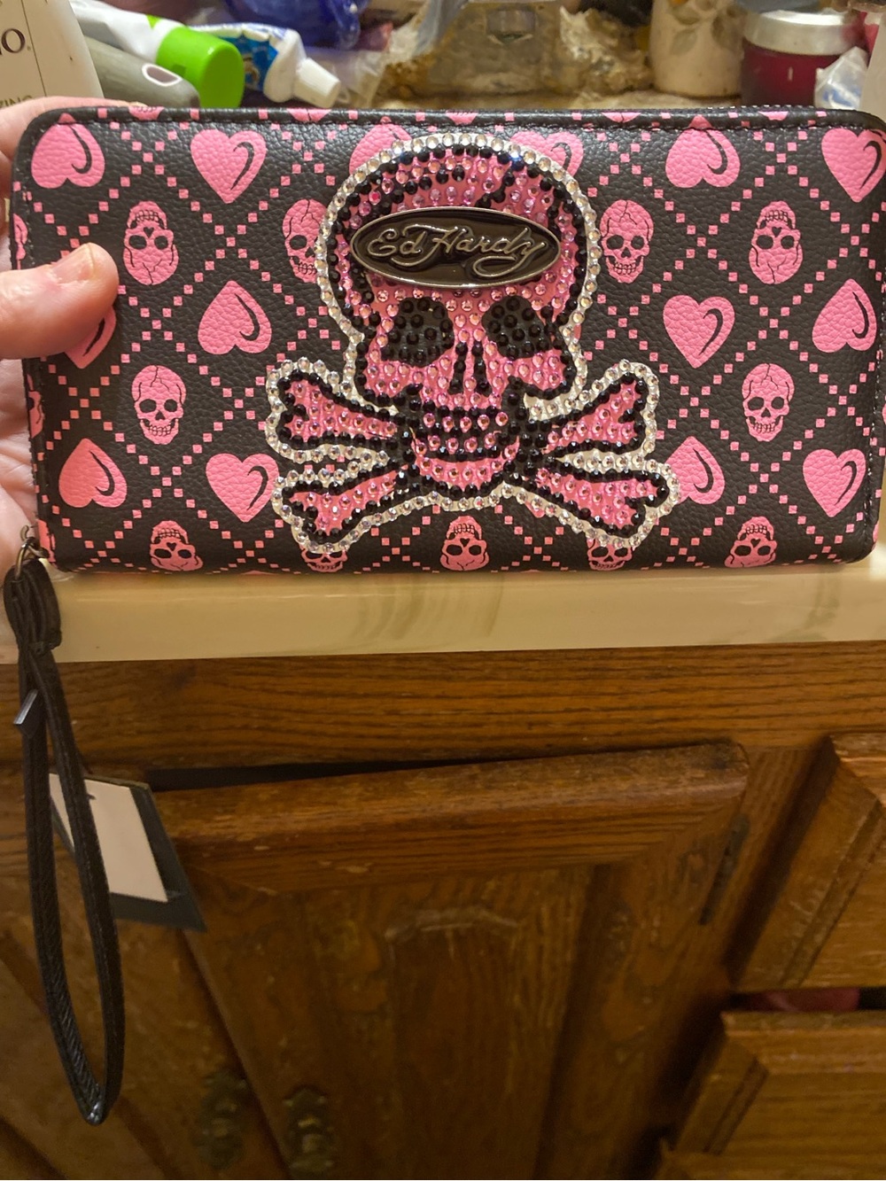 Ed Hardy Black and Pink Crystal Skull Wristlet NWT